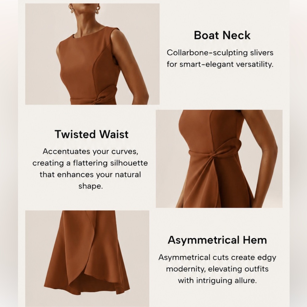 NWT Fehaute Spice Terracotta Brown Asymmetrical Sleeveless Flounce Midi Dress 10 - Picture 6 of 13